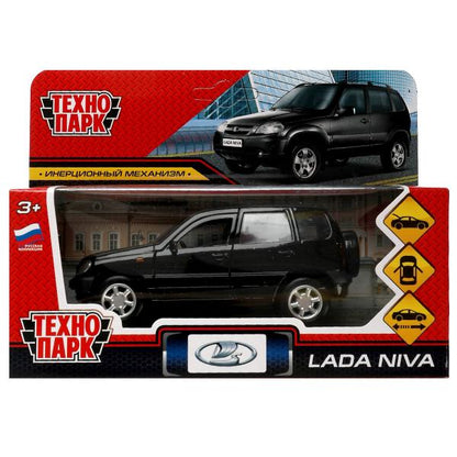 Машина металл LADA NIVA длина 12 см, двери, багаж, инерц, черный, кор. Технопарк в кор.2*36шт