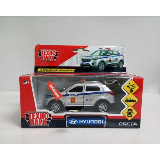 ТМ Технопарк. Machine en métal "HYUNDAI CRETA ПОЛИЦИЯ", pour 12 cm, св-зв, откр дв, багаж. dans le cor.2*36шт