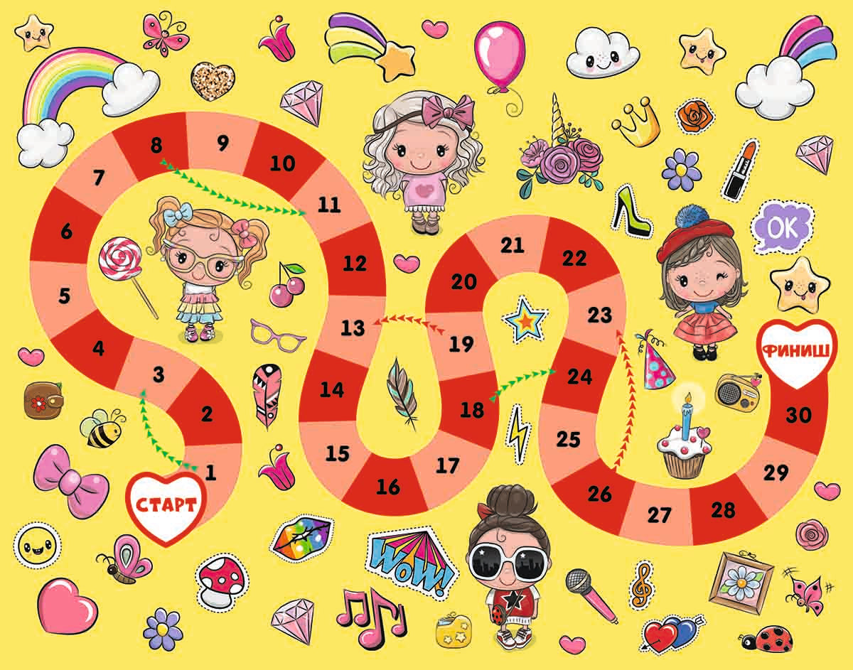 Игра настольная ходилка "Веселые ходилки 4 в 1" для девочек (ходилка-раскраска)