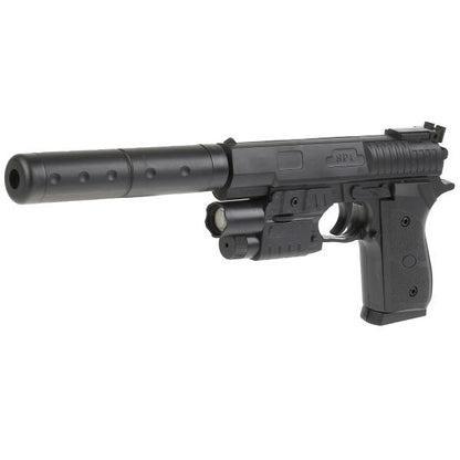 Пистолет (п) с лазер. прицелом, с глушителем, с фонариком, с пульками SP1-F в кор. в кор.120шт