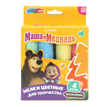 Мелки асфальтовые 4 цв Маша и Медведь МУЛЬТИ АРТ в кор.48наб