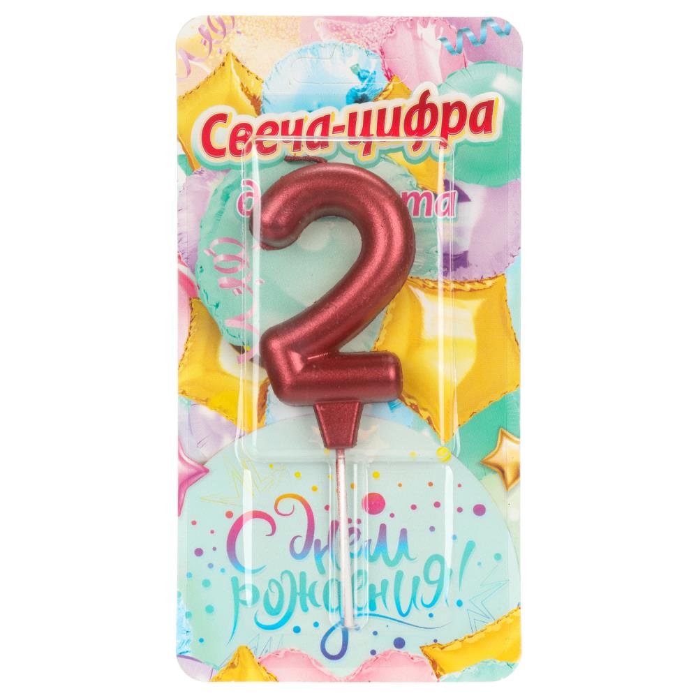Свечи для торта цифра 2 красная металлик, блистер, с днем рождения ЧУДО ПРАЗДНИК в кор.8*16шт