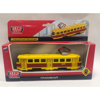 ТРАМВАЙ "ТЕХНОПАРК" МЕТАЛЛ. ИНЕРЦ. 16,5СМ, ОТКРЫВ. ДВЕРИ В РУСС. КОР. в кор.2*24шт