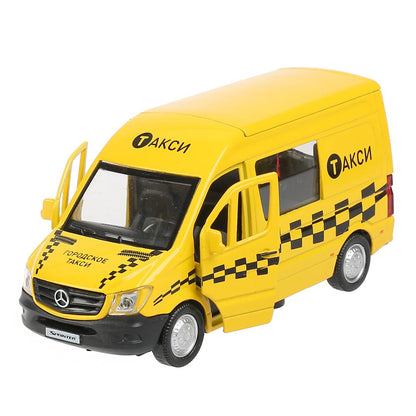 Машина металл MERCEDES-BENZ SPRINTER ТАКСИ 14 см, двери, инерц, желтый, кор. Технопарк в кор.2*32шт