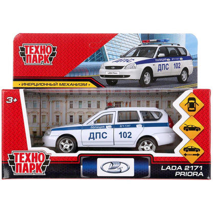 Машина металл LADA PRIORA ПОЛИЦИЯ 12 см, двери, багаж, инерц, белый, в кор. Технопарк в кор.2*36шт