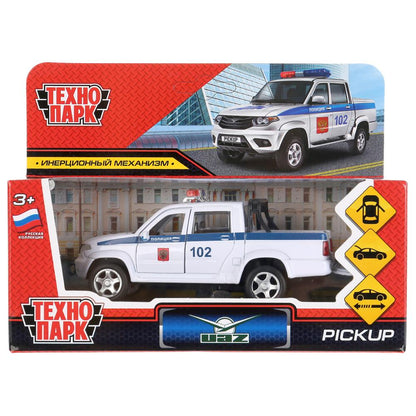 Machine métallique "uaz pickup policia" 12 cm, ouverte. двери, инерц, белый в кор. Parc technologique dans le cor.2*36шт
