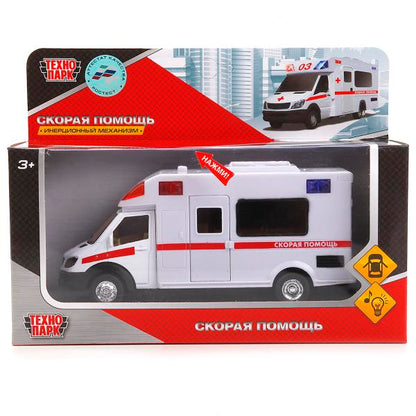 1022S-R 244952 МОДЕЛЬ "ТЕХНОПАРК" МЕТАЛЛ. ИНЕРЦ. СКОРАЯ ПОМОЩЬ, 17СМ, СВЕТ+ЗВУК, ОТКРЫВ. ДВЕРИ В К