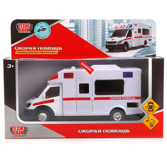 1022S-R 244952 МОДЕЛЬ "ТЕХНОПАРК" МЕТАЛЛ. ИНЕРЦ. СКОРАЯ ПОМОЩЬ, 17СМ, СВЕТ+ЗВУК, ОТКРЫВ. ДВЕРИ В К
