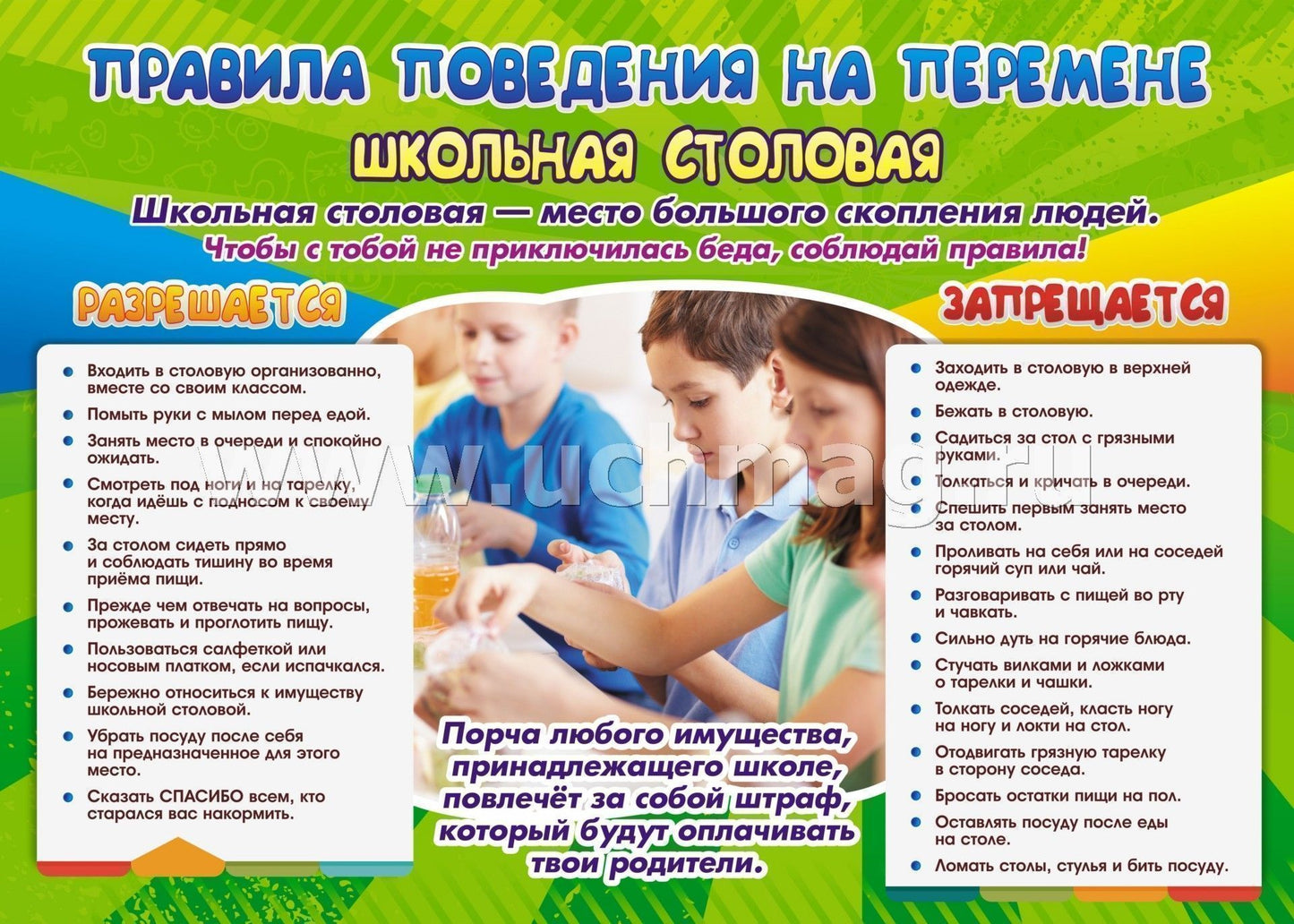 Комплект плакатов "Правила поведения на перемене: что разрешается и что запрещается". 4 плаката с методическим сопровождением. (Формат А3, картон мелованный, пл. 295)