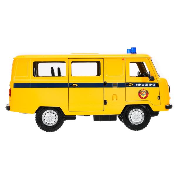 Машина металл свет-звук UAZ УАЗ 452 МИЛИЦИЯ,18,5 см,св-зв,дв,люк,баг,ин,желт Технопарк в кор.2*18шт