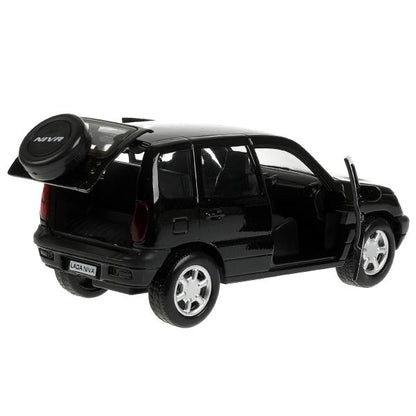 Машина металл LADA NIVA длина 12 см, двери, багаж, инерц, черный, кор. Технопарк в кор.2*36шт