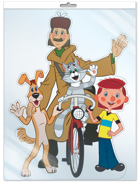 *Ф2-12397-П ПЛАКАТ ВЫРУБНОЙ А3 В ПАКЕТЕ. Главные герои: Дядя Федор, Матроскин, Пес и почтальон Печкин из мультфильма Трое из Простоквашино (с блестками в индивидивидуальной упаковке с европодвесом и к