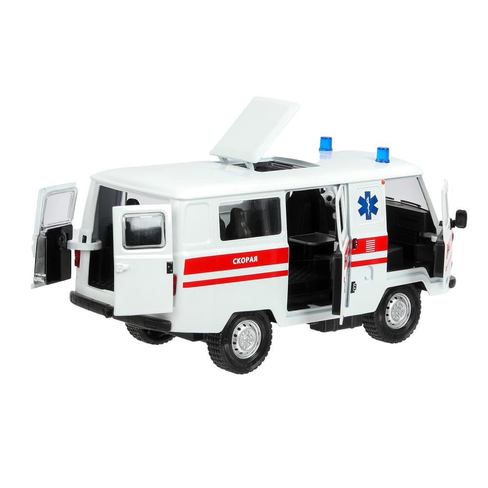 Machine en métal pour le véhicule UAZ УАЗ 452 СКОРАЯ, 18,5 см, св-зв,дв,люк,баг,ин,бел Технопарк в кор.2*18шт