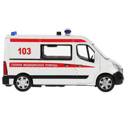 Машина металл свет-звук RENAULT master СКОРАЯ 14см, двер, тел, ин., бел,кор. Parc technologique dans le cor.2*32шт
