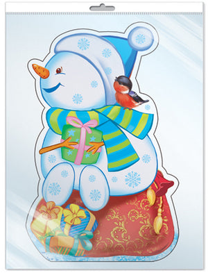 *ФМ-12064 ПЛАКАТ ВЫРУБНОЙ А4 В ПАКЕТЕ. Снеговичок на мешке с подарками (в индивидивидуальной упаковке с европодвесом и клеевым клапаном)