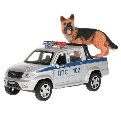 Машина металл "УАЗ" "uaz pickup полиция" длина 12 см, откр двер, багаж, инерц, с овчаркой, в кор. ТМ