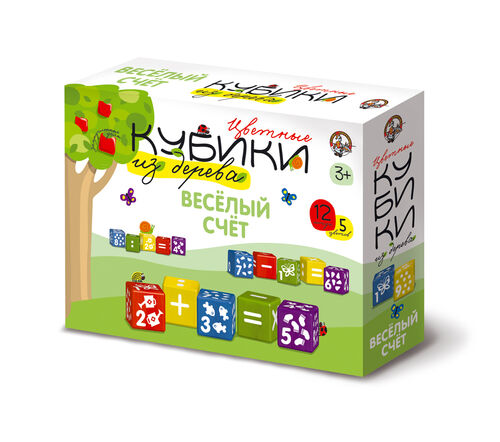 Деревянные кубики "Веселый счет"(Набор деревянных кубиков . 12 штук 5 цветов с закругленными углами. Белые знаки, цифры et des prévisions pour куб разноцветных
