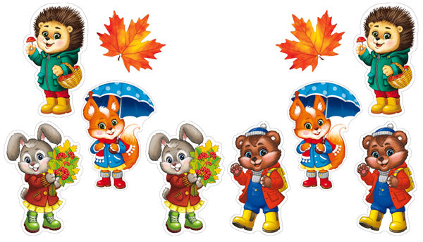 *КМ-17569 Комплект для оформления интерьера на скотче. Маленькие лесные жители (4 фигуры зверей А3 по 2 шт., фигура листика по 2 шт.)