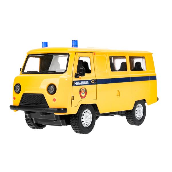 Машина металл свет-звук UAZ УАЗ 452 МИЛИЦИЯ,18,5 см,св-зв,дв,люк,баг,ин,желт Технопарк в кор.2*18шт