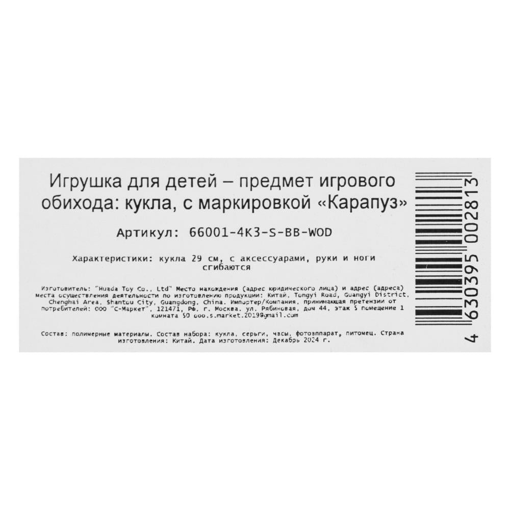 Кукла 29см София, руки и ноги сгиб., пит., акс., кор КАРАПУЗ в кор.24шт