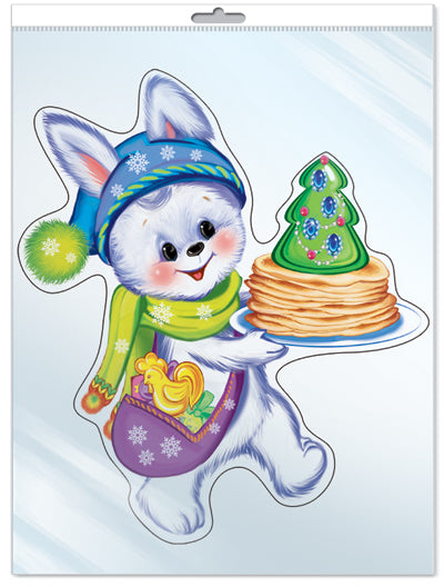 *ФМ-10932 ПЛАКАТ ВЫРУБНОЙ А4 В ПАКЕТЕ. Зайчик новогодний (с блестками в индивидивидуальной упаковке с европодвесом и клеевым клапаном)