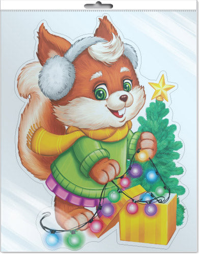 *ФМ1-16583 ПЛАКАТ ВЫРУБНОЙ А4 В ПАКЕТЕ. Белочка с гирляндой и елочкой (двухсторонний, ВД-lac, в индивидуальной упаковке, с европодвесом и клеевым клапаном)