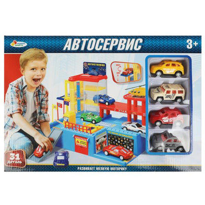 АВТОСЕРВИС "ИГРАЕМ ВМЕСТЕ" С 4-МЯ МАШИНКАМИ В РУСС. КОР. 39*27*7СМ в кор.18шт