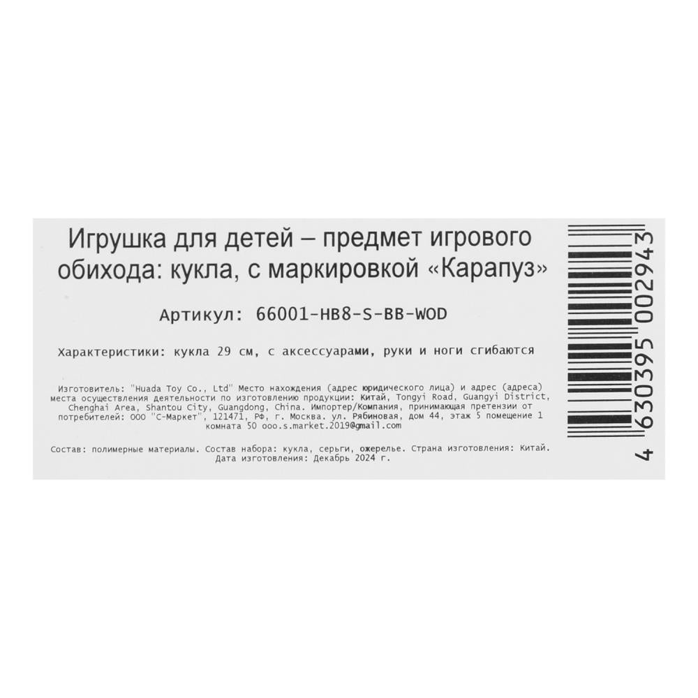Кукла 29см София, руки и ноги сгиб., акс., кор. КАРАПУЗ в кор.24шт