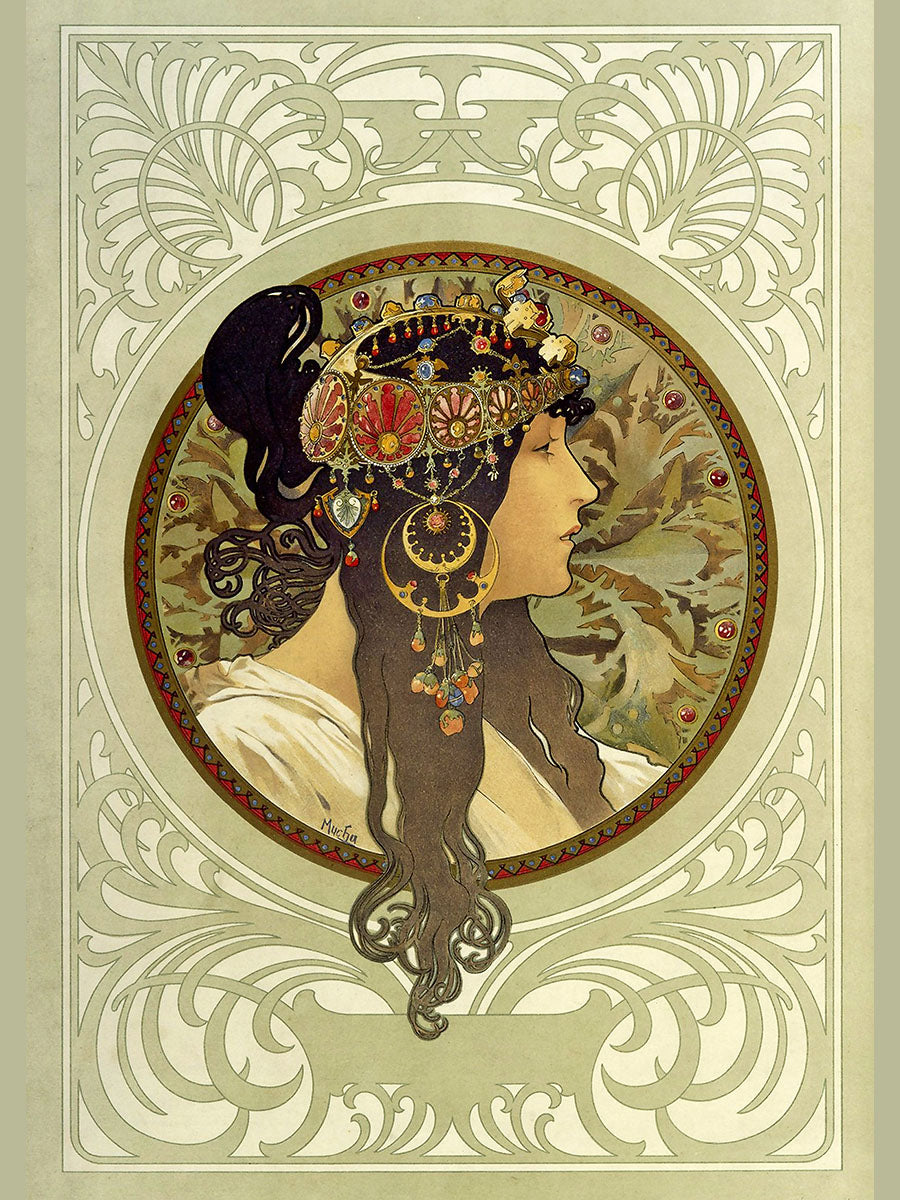 Постер.Альфонс Муха. Голова византийки, брюнетка. Format A3.