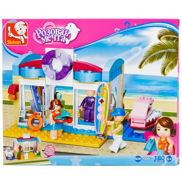 КОНСТРУКТОР ПЛАСТ. ПЛЯЖНЫЙ МАГАЗИН С ФИГУРКАМИ, 180ДЕТ. В РУСС. КОР. 28*23*4,5СМ в кор.32шт