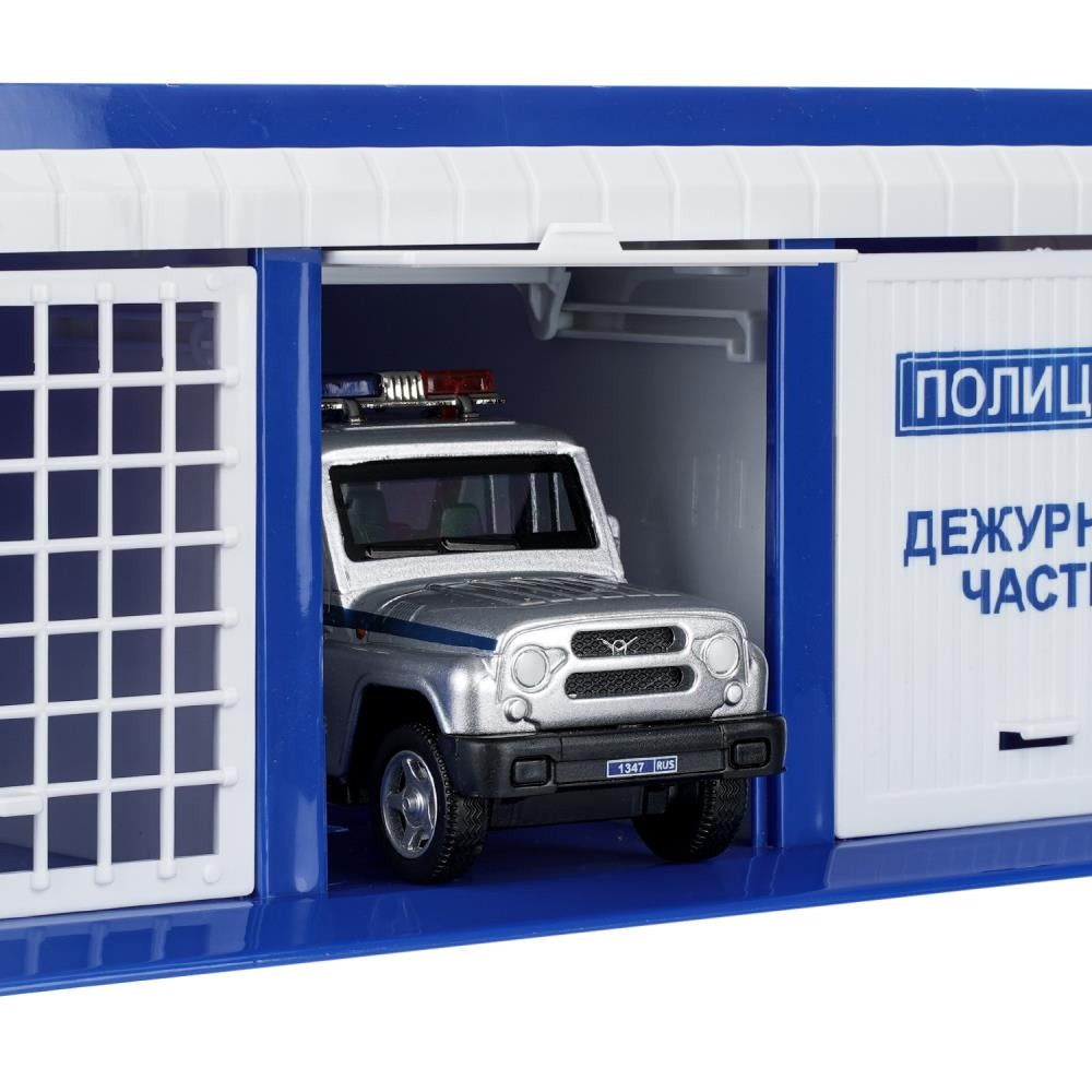 Модель пластик ГАРАЖ 3-х секц 22 см, ПОЛИЦИЯ УАЗ 10,5 см, серебристый, кор. Технопарк в кор.36шт