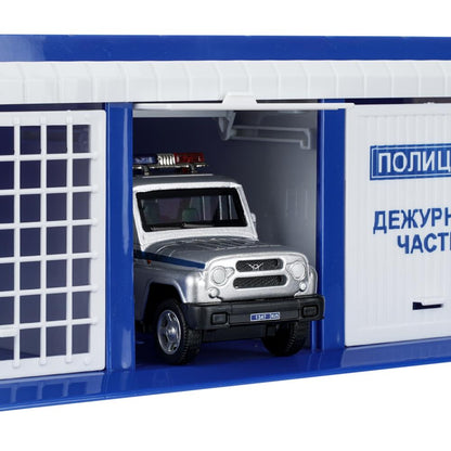 Модель пластик ГАРАЖ 3-х секц 22 см, ПОЛИЦИЯ УАЗ 10,5 см, серебристый, кор. Технопарк в кор.36шт