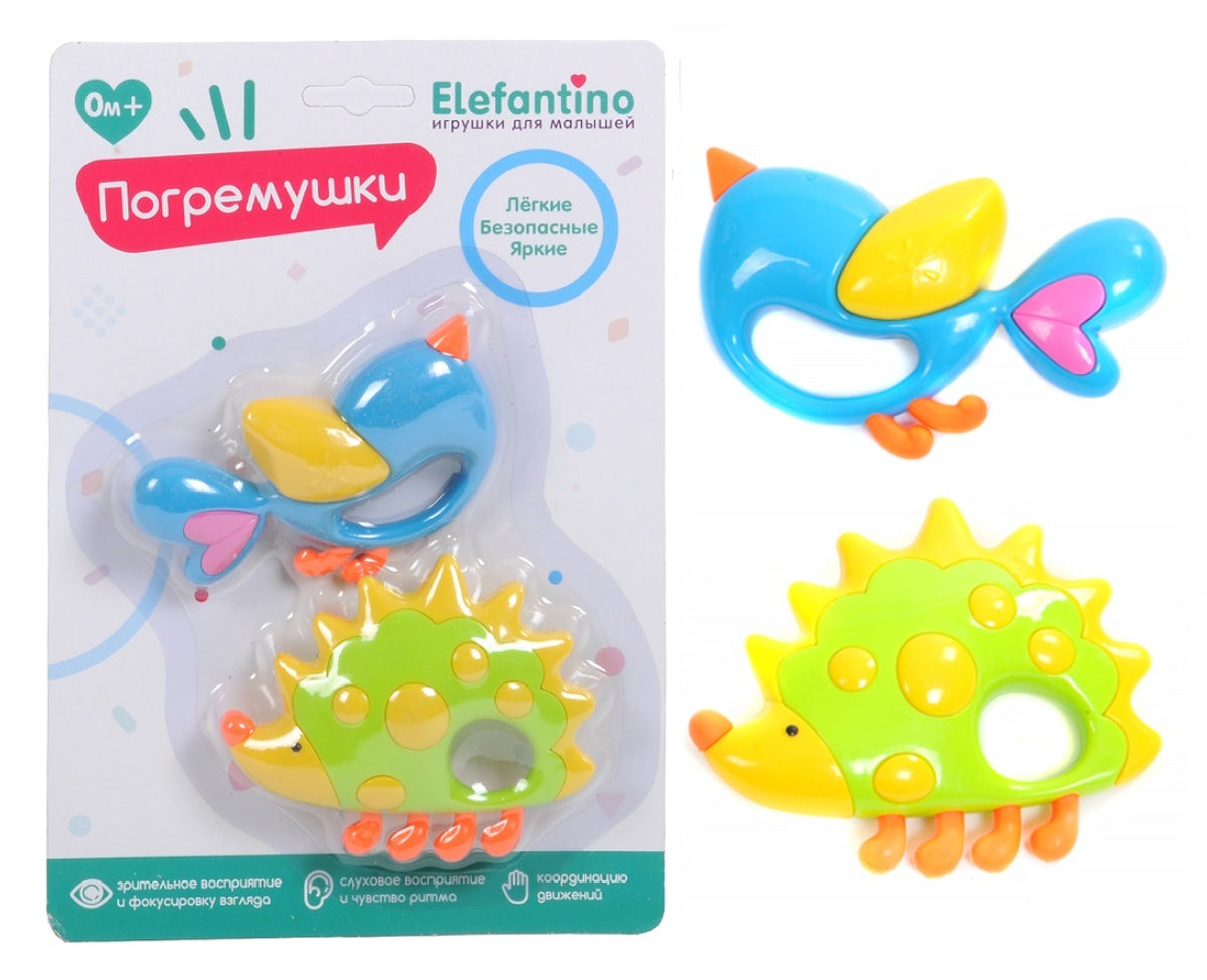 Éléphantino. Погремушка 2 шт. легкие, с удобным захватом (птичка и ежик) на блист. art.7736