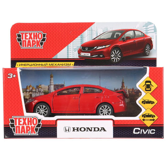 Machine en métal "HONDA CIVIC", d'une longueur de 12 cm, ouverte. двери, инерц, красный, в кор.Технопарк в кор.2*36шт
