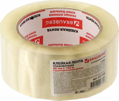 Клейкая лента 48мм x 100м упаковочная BRAUBERG prozraчная, гарантированная длина, 45мкм, art.221109