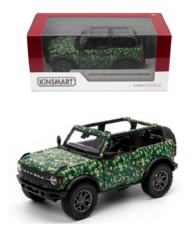 Kinsmart. Modèle art.KT5445W/2 "Ford Bronco Camo Edition 2022" ouvert à l'échelle 1:36 (image réelle)