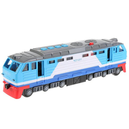 LOCO-30PL-BU Модель пластик свет-звук ТЕПЛОВОЗ 30 см, двери, 4 кноп, инер, синий, кор. Технопарк в к