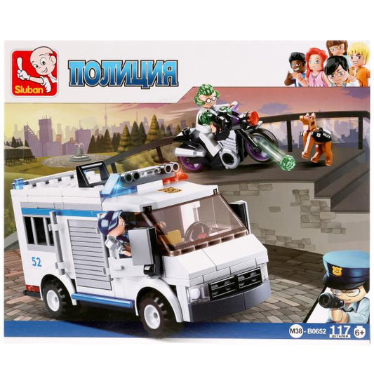 КОНСТРУКТОР ПЛАСТ. ПОЛИЦИЯ, МАШИНА С ФИГУРКАМИ, 117ДЕТ. В РУСС. КОР. 28,5*23,7*5,4СМ в кор.32шт