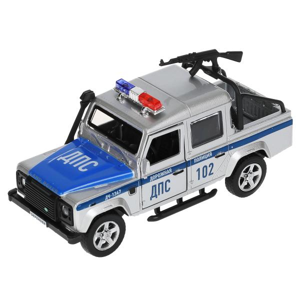 Машина металл LAND ROVER DEFENDER PICKUP ПОЛИЦИЯ 12 см, двери, багажн, кор. Технопарк в кор.2*36шт