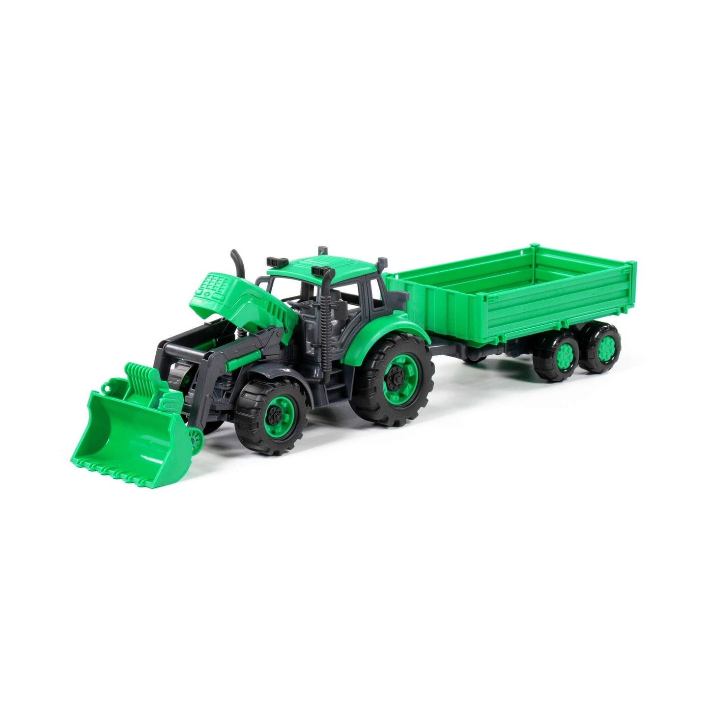 Tracteur "Прогресс" avec бортовым прицепом и ковшом, инерционный (зелёный) (в коробке)