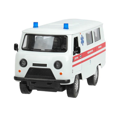 Machine en métal pour le véhicule UAZ УАЗ 452 СКОРАЯ, 18,5 см, св-зв,дв,люк,баг,ин,бел Технопарк в кор.2*18шт