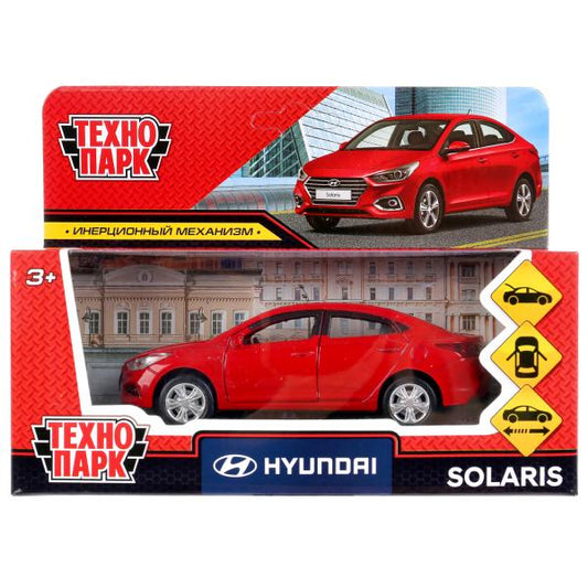 Машина металл HYUNDAI SOLARIS длина 12 см, двер, багаж, инерц, красный, кор. Технопарк в кор.2*36шт