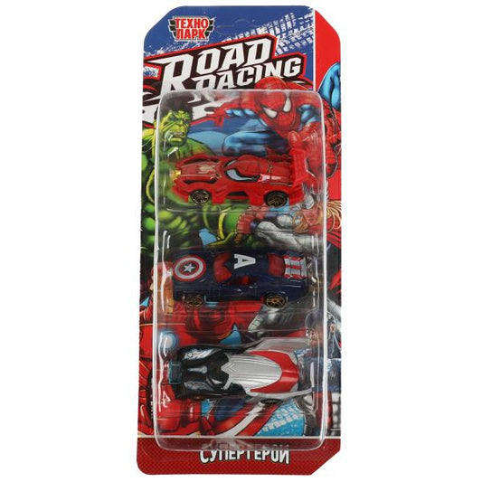 Машина металл ROAD RACING набор супергерои 7,5 см, 3 шт,в ассорт, блистер Технопарк в кор.2*120наб