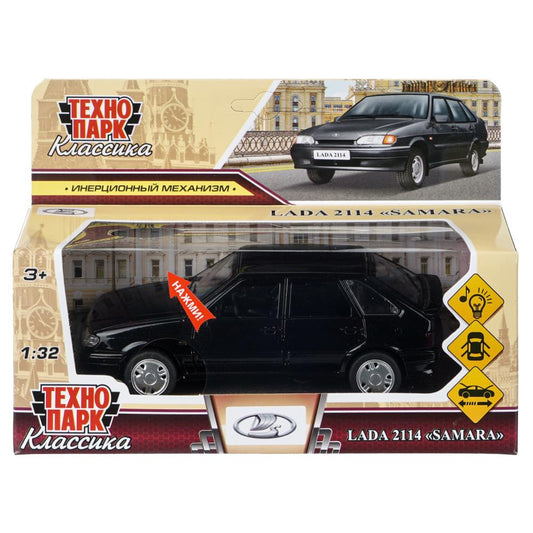 Машина металл ваз LADA 2114 15 см,св-зв,откр 4 дв,баг,кап,инер,черный,кор. Технопарк в кор.2*36шт