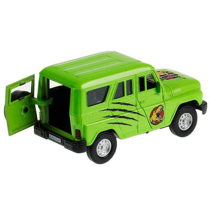 Machine en métal UAZ HUNTER ДИНОЗАВРЫ 11,5 см, двер, багаж, ин, салатовый, кор. Parc technologique dans le cor.2*36шт