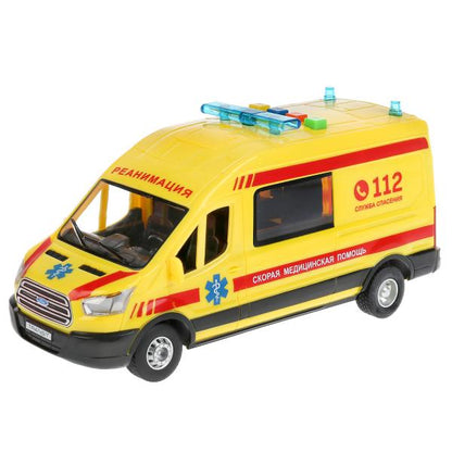 Машина свет+звук "ford transit реанимация" 22,5см, пластик, откр.двери, инерц. Технопарк в кор2*18шт