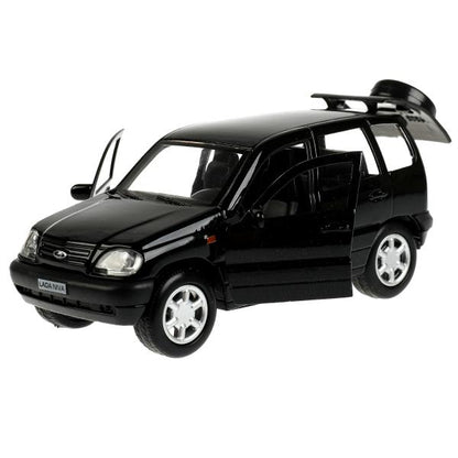 Машина металл LADA NIVA длина 12 см, двери, багаж, инерц, черный, кор. Технопарк в кор.2*36шт