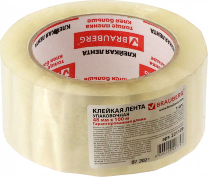 Клейкая лента 48мм x 100м упаковочная BRAUBERG prozraчная, гарантированная длина, 45мкм, art.221109