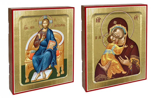 Иконы Венчальная пара (с Владимирской): Икона Пресвятой Богородицы Владимирская; Икона Спаса Вседержителя (комплект из 2-х икон)