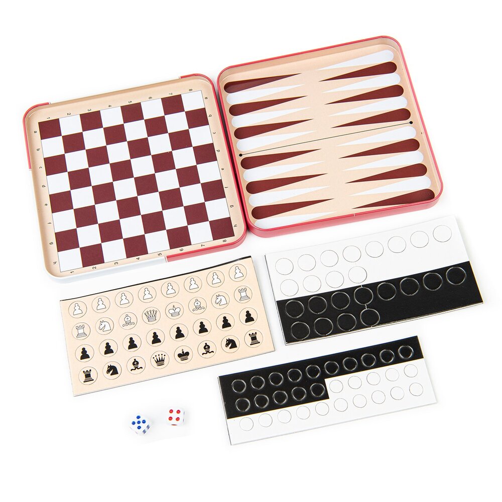 Игра магнитная в жестяной коробочке "Шахматы, шашки, нарды"